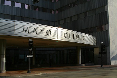 Front Entrance of Mayo Clinic in Rochester, MN with Mayo Clinic Label on Building