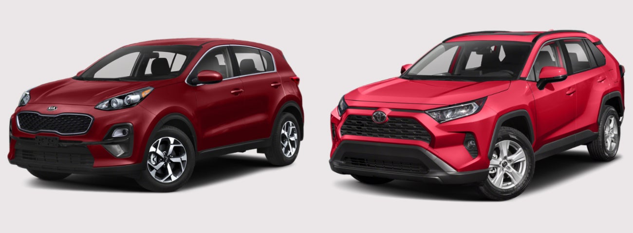 2020 Kia Sportage SUV in Hyper Red vs. 2020 Toyota RAV4 SUV in Ruby Flame Pearl against Light Grey Background